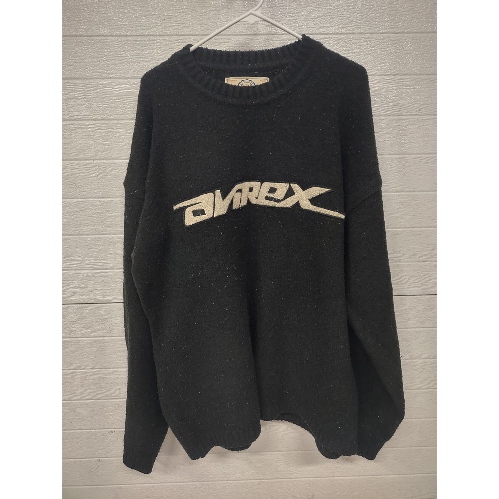 Avirex Varsity Knit Sweater Mens Black Crewneck Spellout Logo Streetwear